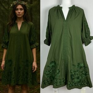 Julia Amory Green Floral Embroidery Shift Dress Womens Size Large Cotton Forrest